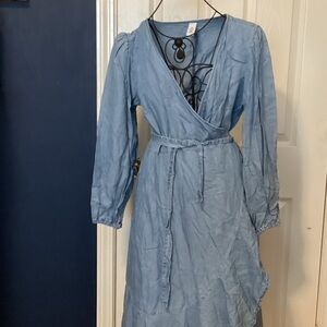 Light Blue Wrap Midi Dress with Tie Waist